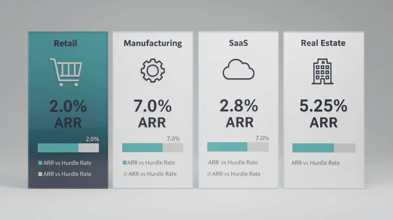 Four-panel infographic comparing ARR results for retail manufacturing SaaS and real estate investments | eFinancialModels Four-panel infographic comparing ARR results for retail, manufacturing, SaaS, and real estate investments
