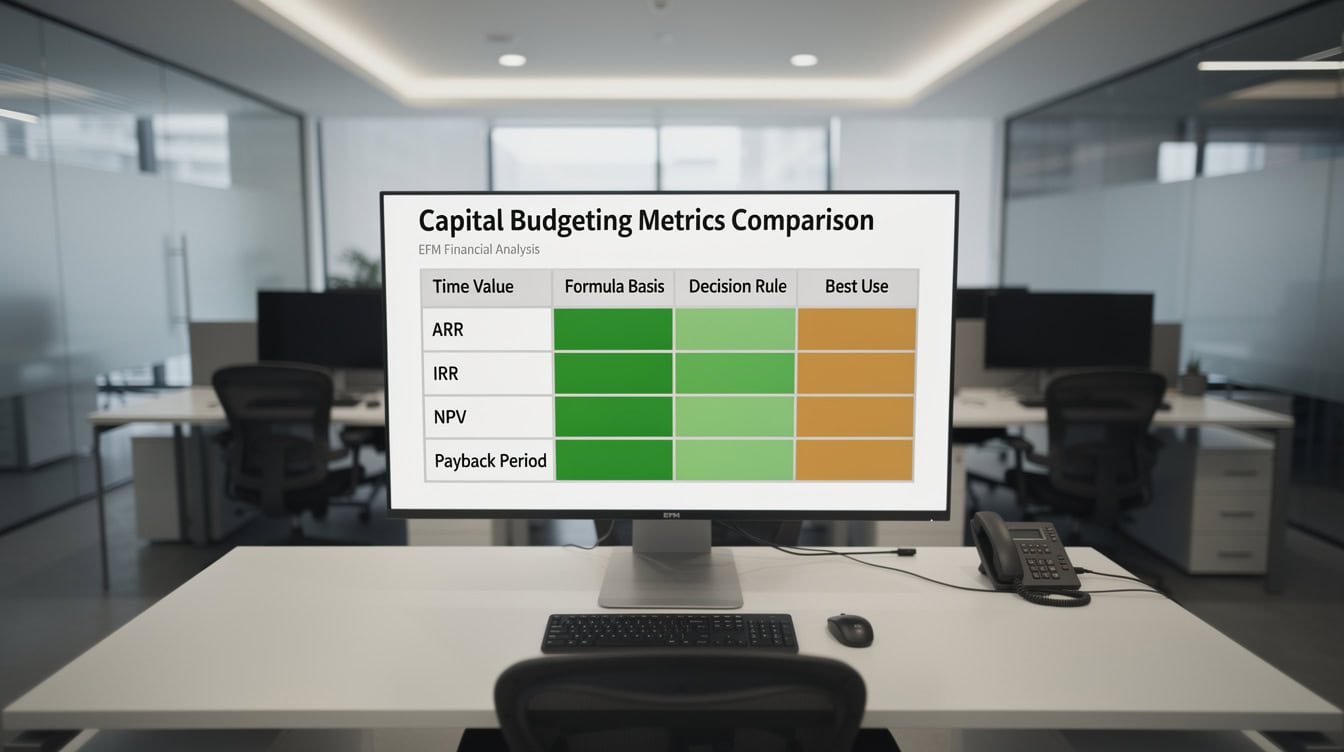 Comparison matrix of five capital budgeting metrics showing ARR IRR NPV ROI and Payback Period across four evaluation criteria | eFinancialModels Comparison matrix of five capital budgeting metrics showing ARR, IRR, NPV, ROI, and Payback Period across four evaluation criteria