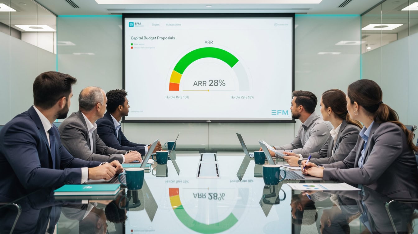 Finance team reviewing capital budget proposals with ARR screening results displayed on a conference room screen | eFinancialModels Finance team reviewing capital budget proposals with ARR screening results displayed on a conference room screen