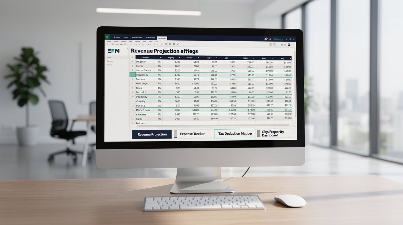Excel workbook with 5 tabs showing the architecture of the eFinancialModels Airbnb profit calculator template