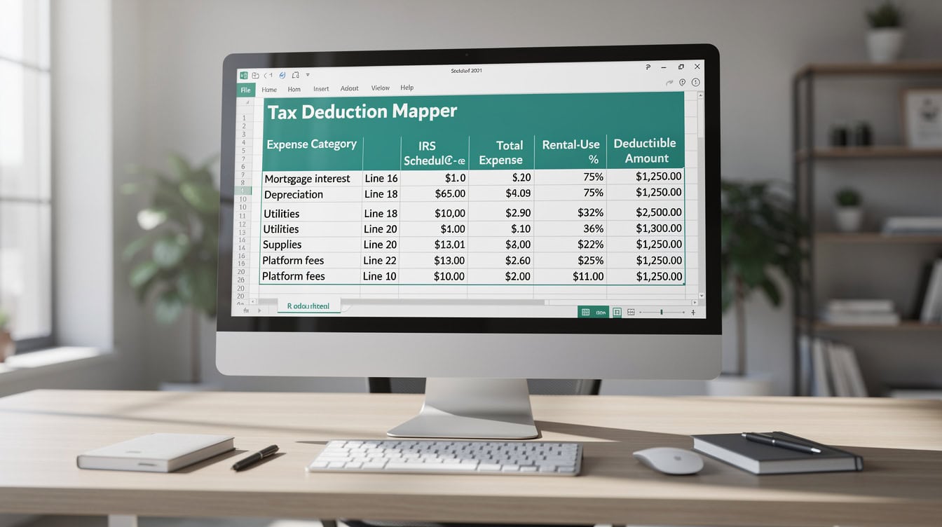 Excel Tax Deduction Mapper tab showing Airbnb expenses mapped to IRS Schedule C line items with rental-use percentage calculations