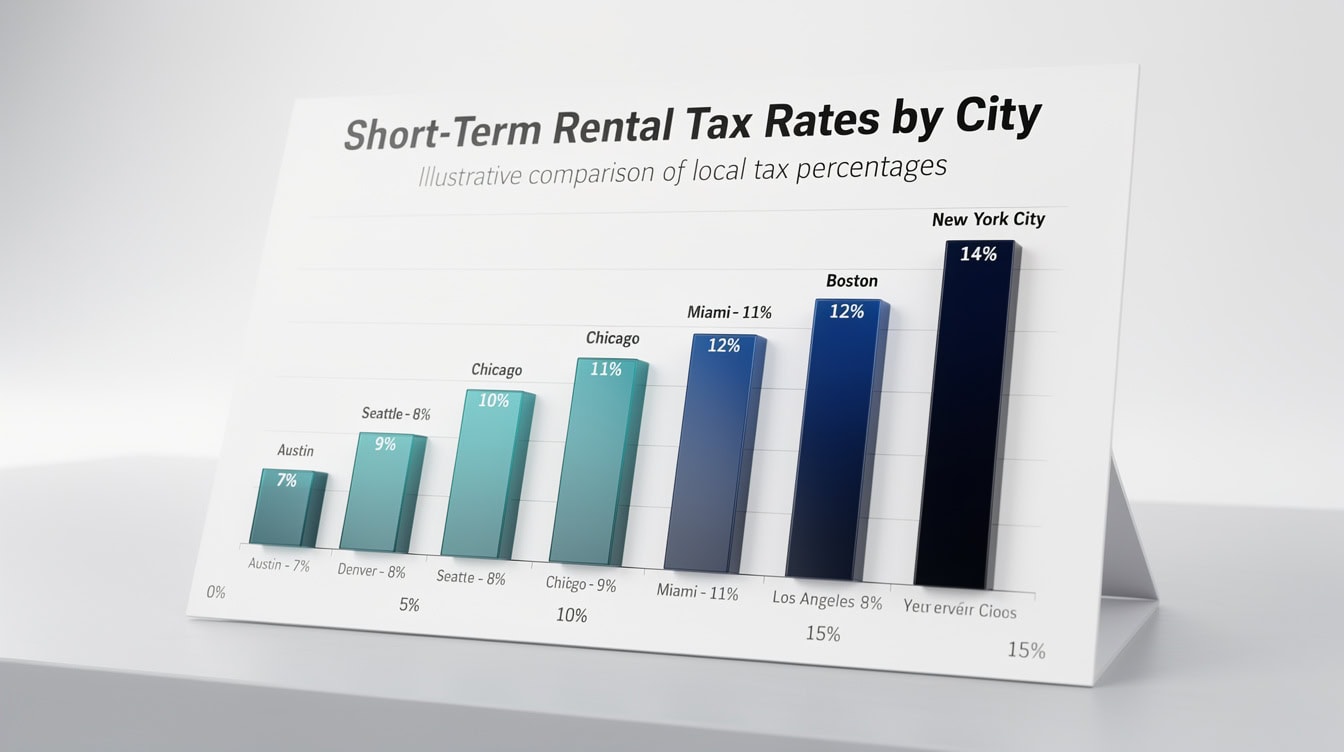 Bar chart comparing short-term rental tax rates across 8 U.S. cities from 9.875% in NYC to 17.88% in Austin