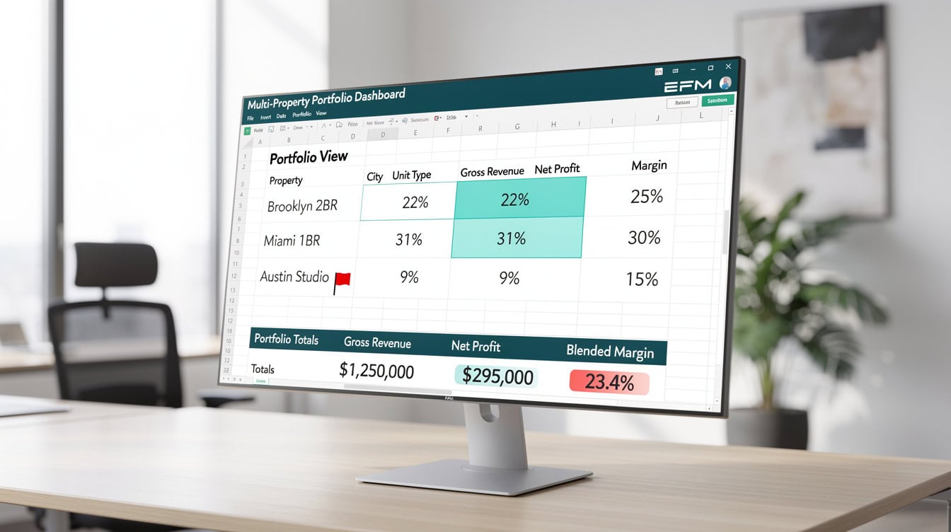 Multi-property dashboard in Excel showing 3 Airbnb listings with profit margins, with Austin studio flagged below the 15% threshold