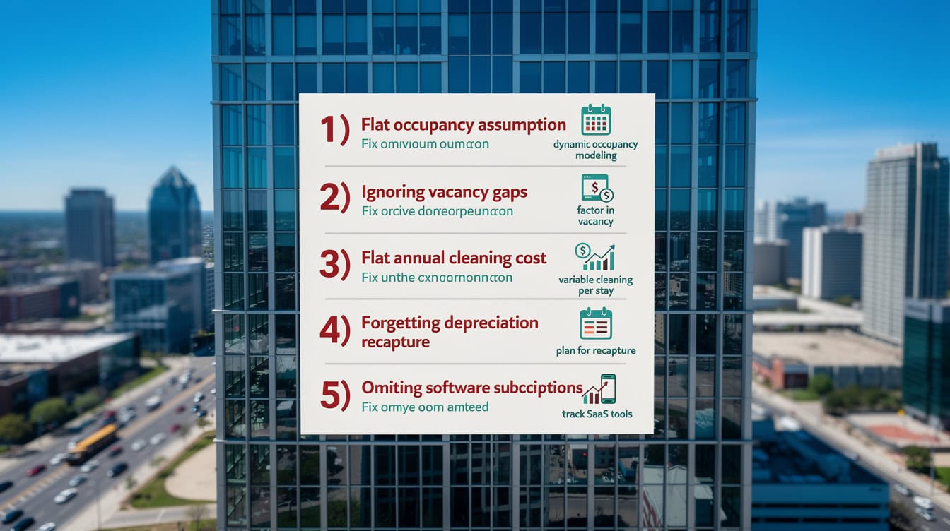 Infographic showing 5 most expensive Airbnb profit calculation mistakes with fixes for each error
