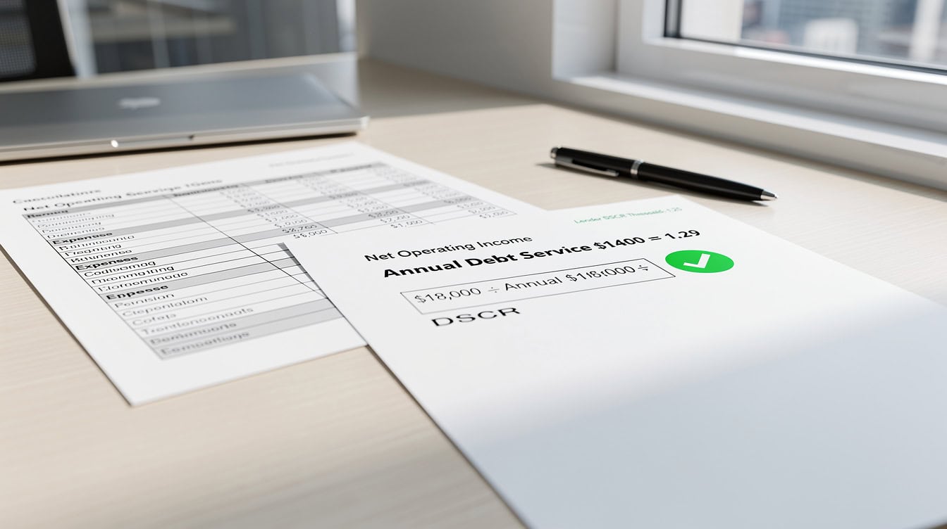 Illustration showing DSCR calculation of 1.29 from Airbnb profit data used for mortgage pre-approval application