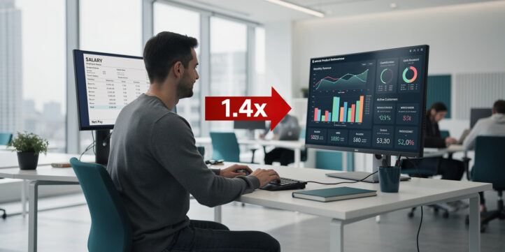 Founder comparing salary slip to product revenue dashboard with a 1.4x multiplier gap highlighted