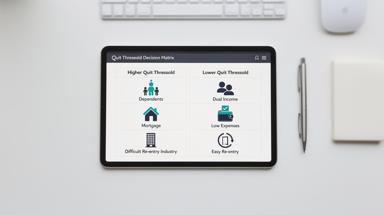 Decision matrix showing personal factors that raise or lower the replacement income quit threshold | eFinancialModels Decision matrix showing personal factors that raise or lower the replacement income quit threshold