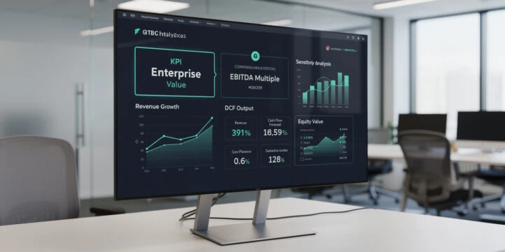 Business valuation dashboard showing enterprise value, EBITDA multiple, and DCF output on a monitor