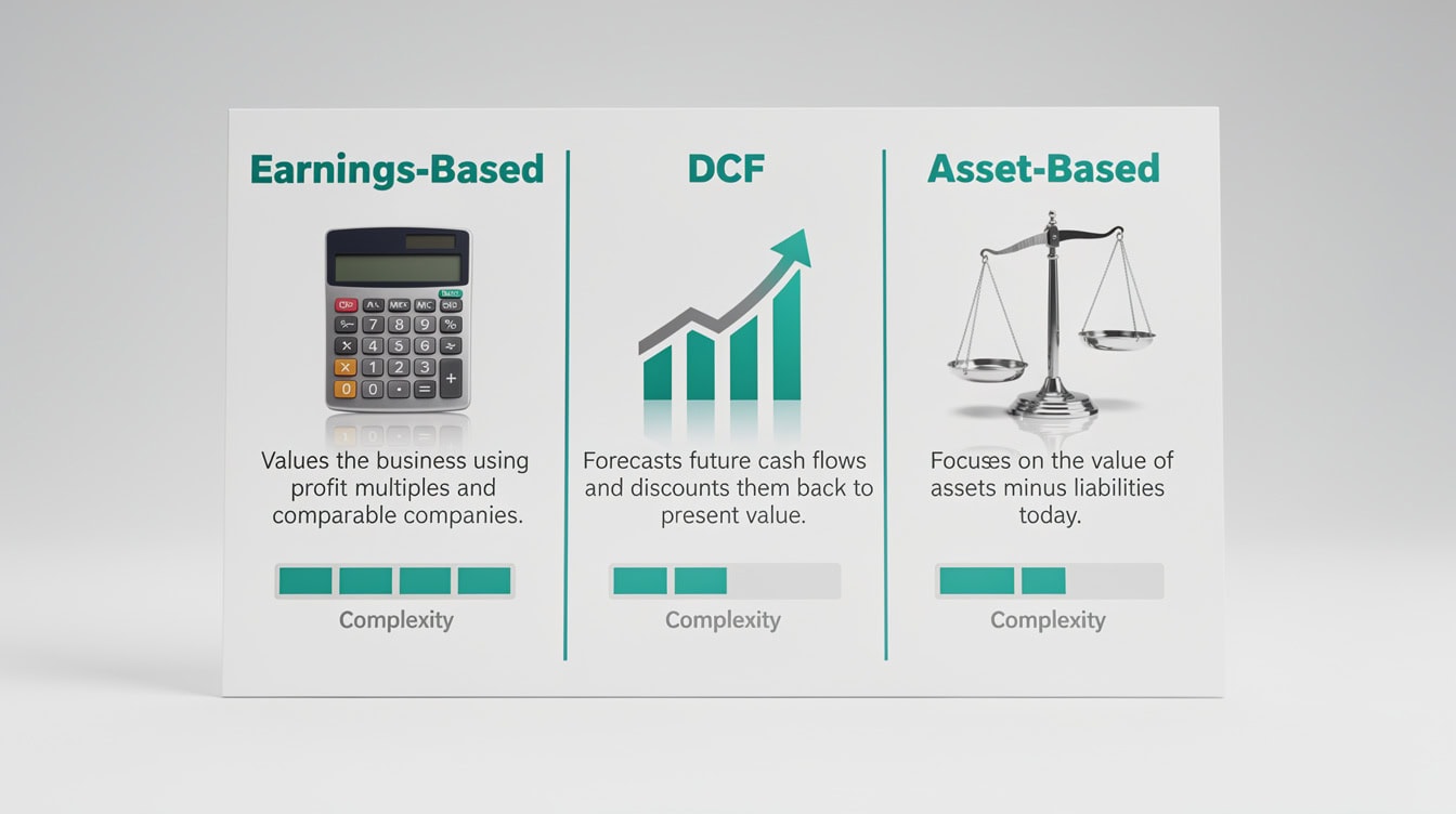 Three-column diagram comparing earnings-based DCF and asset-based business valuation methods with complexity ratings | eFinancialModels Three-column diagram comparing earnings-based, DCF, and asset-based business valuation methods with complexity ratings
