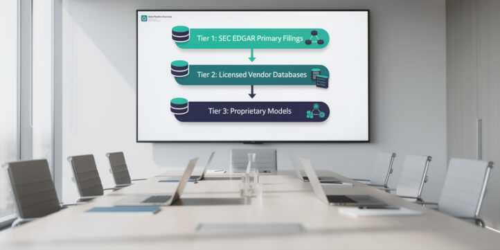 Three-tier data architecture diagram showing SEC EDGAR, vendor databases, and proprietary models as EFM