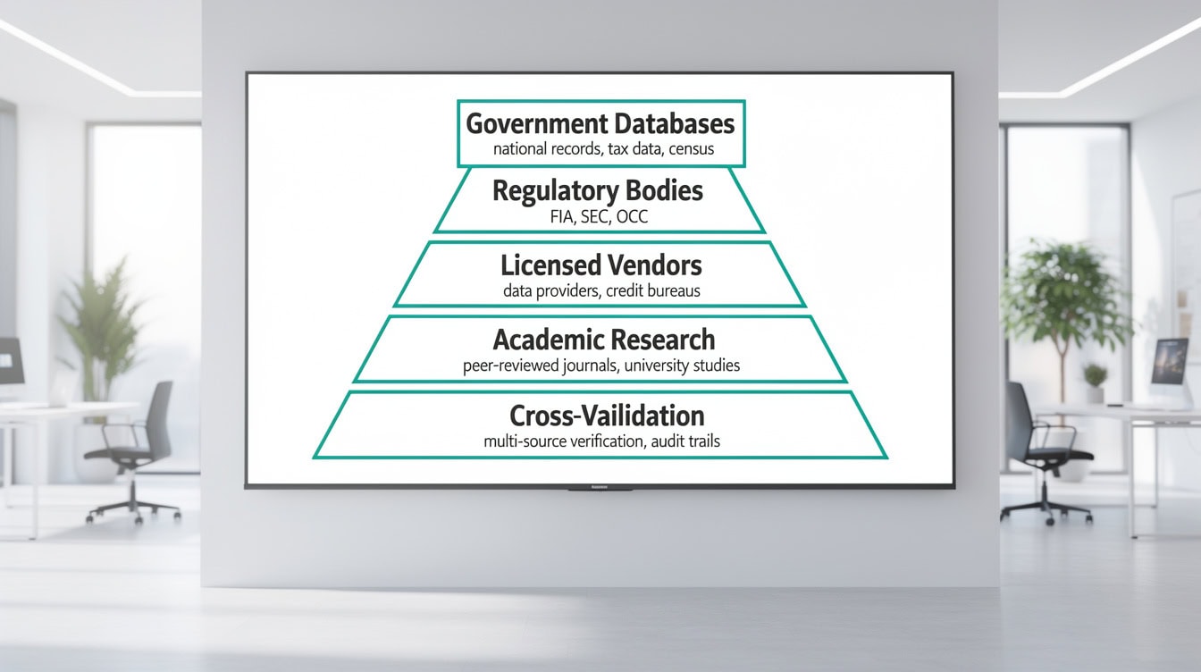 Pyramid diagram showing EFM | eFinancialModels Pyramid diagram showing EFM's 6-tier data source hierarchy from government databases to cross-validation