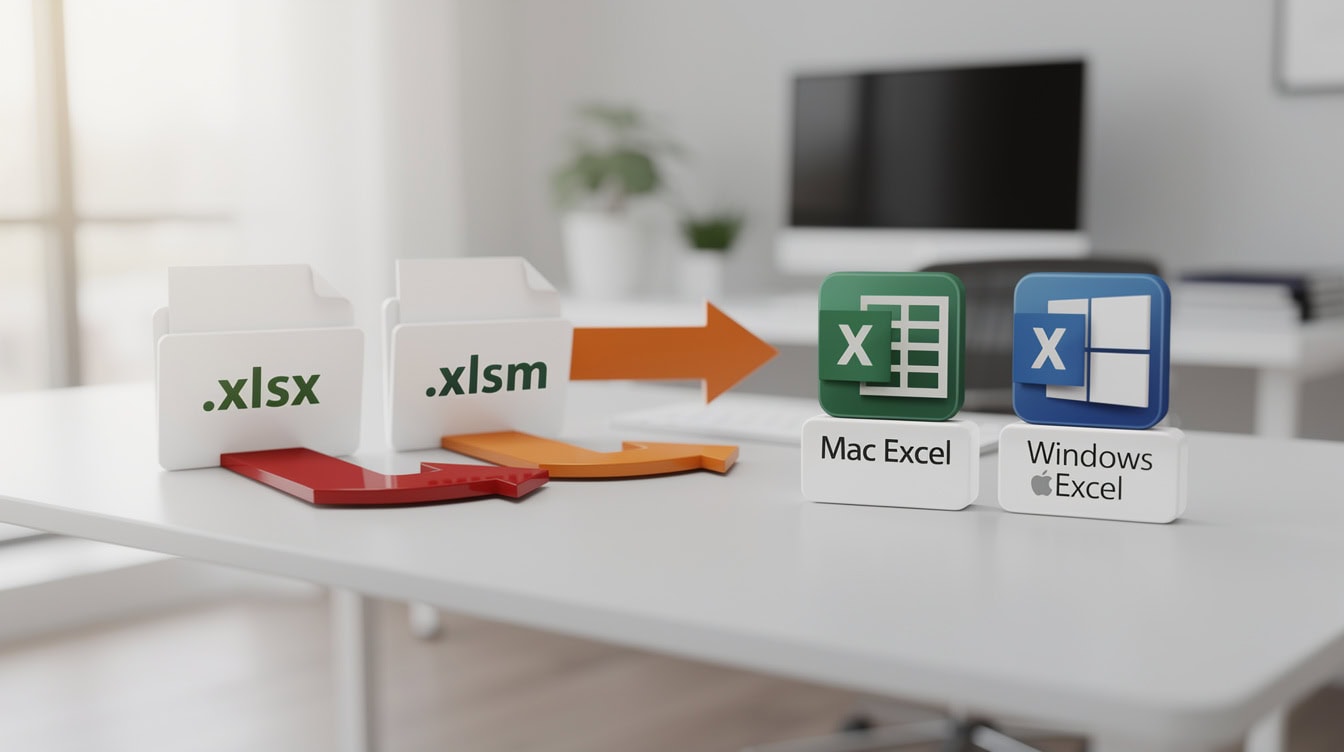 Diagram showing Excel file format compatibility xlsx xlsm xlsb between Mac and Windows with color-coded arrows | eFinancialModels Diagram showing Excel file format compatibility (.xlsx, .xlsm, .xlsb) between Mac and Windows with color-coded arrows