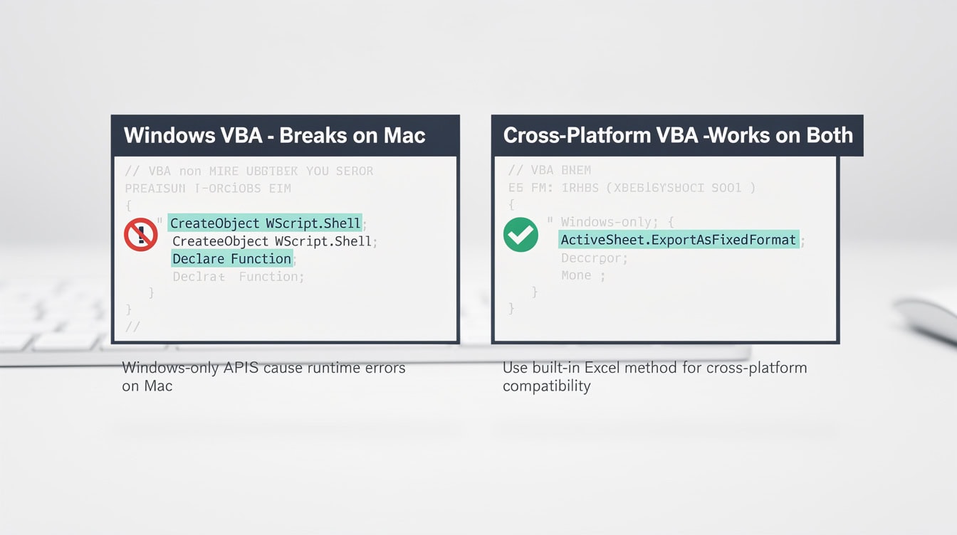 Side-by-side VBA code comparison showing Windows-only code that breaks on Mac versus cross-platform compatible code | eFinancialModels Side-by-side VBA code comparison showing Windows-only code that breaks on Mac versus cross-platform compatible code