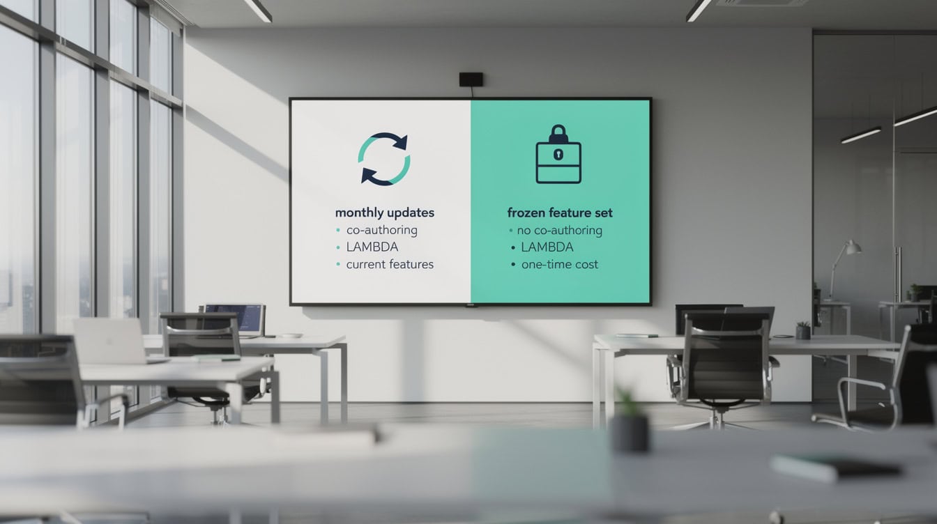Infographic comparing Microsoft 365 subscription versus perpetual Excel license features and update cadence | eFinancialModels Infographic comparing Microsoft 365 subscription versus perpetual Excel license features and update cadence