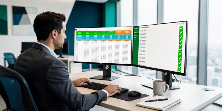 Financial analyst reviewing Excel version compatibility for financial model templates on dual monitors