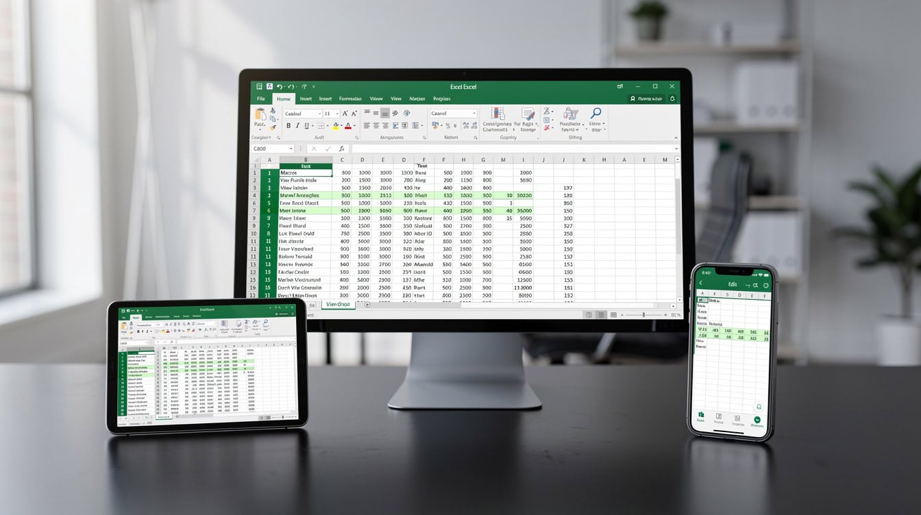 Three-device comparison showing Excel desktop full features versus Excel Online and mobile app limited capabilities | eFinancialModels Three-device comparison showing Excel desktop full features versus Excel Online and mobile app limited capabilities