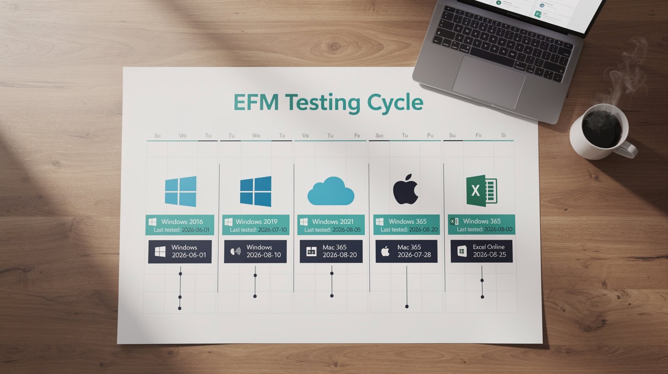 Circular calendar diagram showing EFM | eFinancialModels Circular calendar diagram showing EFM's 90-day compatibility testing cycle across 6 Excel platform and version combinations