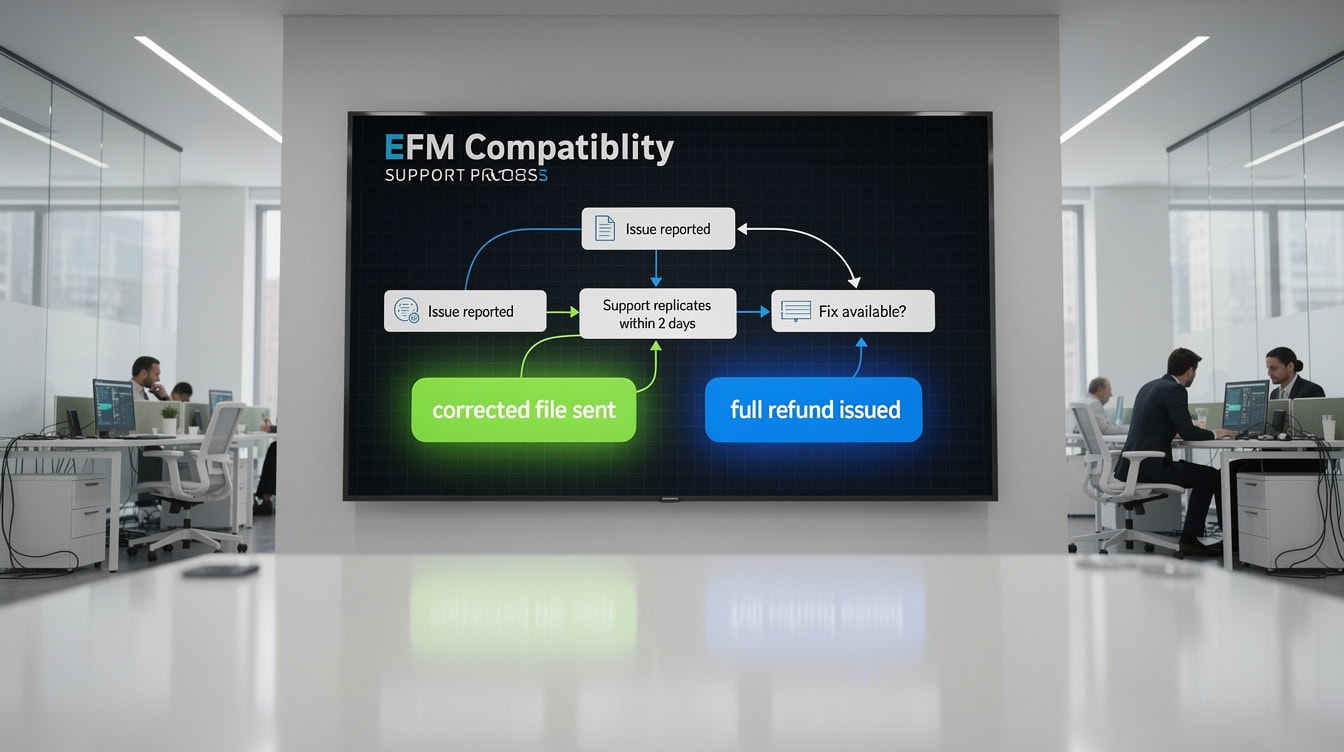 Flowchart showing EFM support process for resolving financial model compatibility issues including refund path | eFinancialModels Flowchart showing EFM support process for resolving financial model compatibility issues including refund path