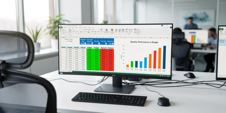 FP&A analyst viewing a monthly actuals update dashboard in Excel with variance color coding