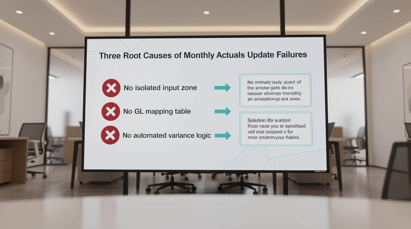 Diagram showing three root causes of monthly actuals update failures and their structural fixes | eFinancialModels Diagram showing three root causes of monthly actuals update failures and their structural fixes