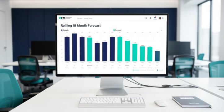 Rolling forecast dashboard showing actuals and forecast periods on a financial planning timeline
