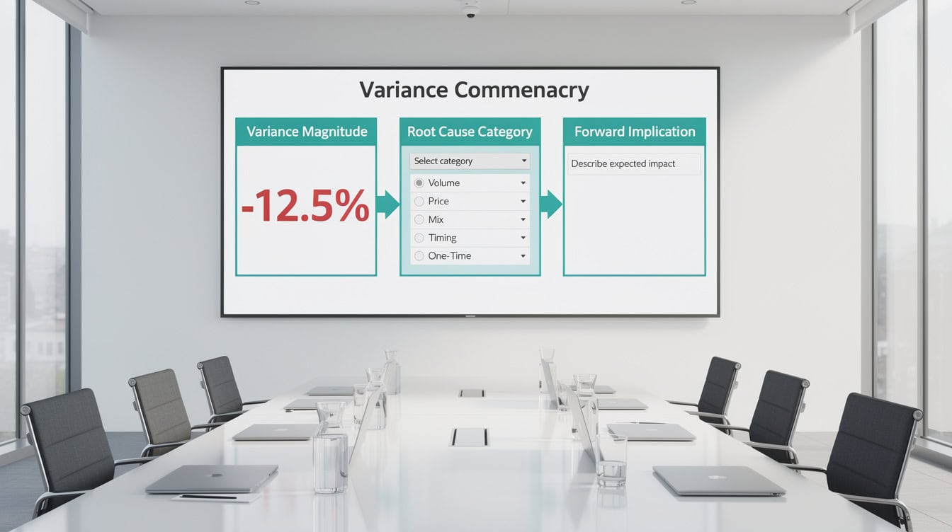 Variance commentary template showing three-part structure variance magnitude root cause category and forward implication | eFinancialModels Variance commentary template showing three-part structure: variance magnitude, root cause category, and forward implication