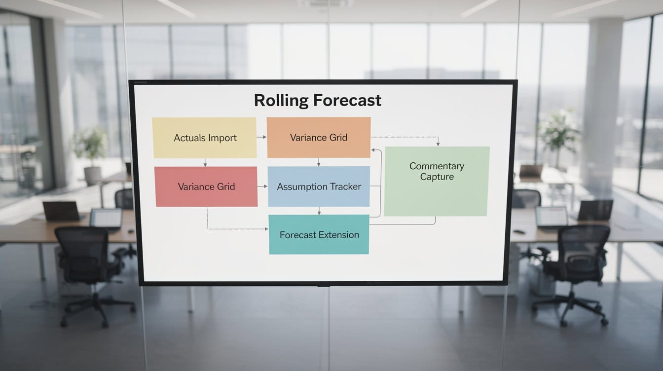 Rolling forecast template architecture showing five functional zones and data flow between them | eFinancialModels Rolling forecast template architecture showing five functional zones and data flow between them