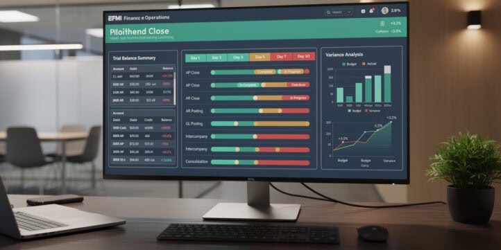 Month-end close dashboard showing timeline, trial balance, and variance analysis panels