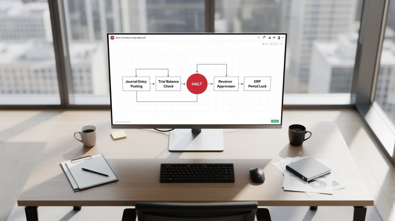 Day-of-close approval workflow diagram showing journal entry posting through ERP period lock | eFinancialModels Day-of-close approval workflow diagram showing journal entry posting through ERP period lock