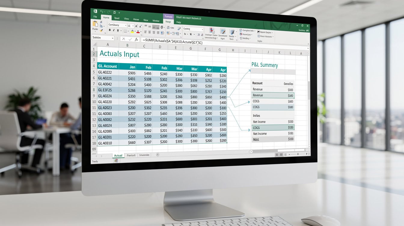 Excel model showing Actuals Input tab connected to PL summary via SUMIF formulas | eFinancialModels Excel model showing Actuals Input tab connected to P&L summary via SUMIF formulas