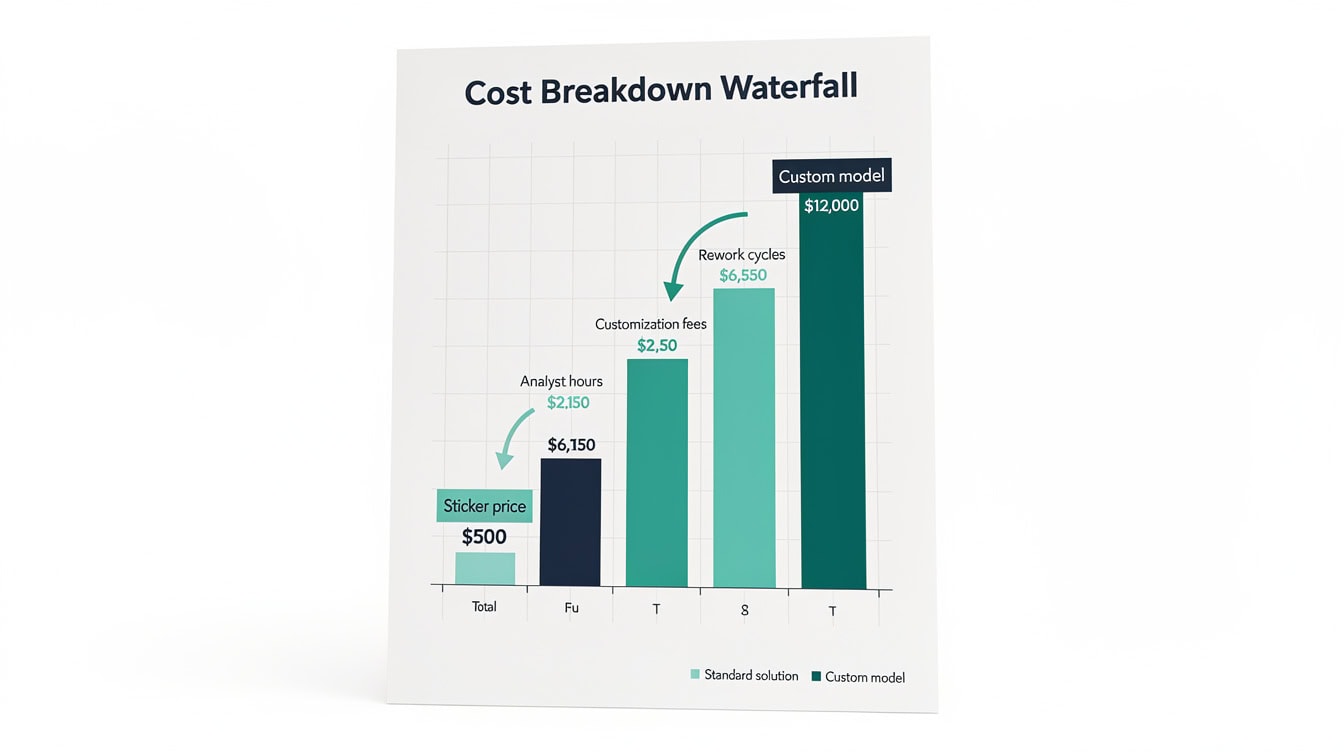 Waterfall cost comparison chart showing template total cost of ownership versus custom model cost | eFinancialModels Waterfall cost comparison chart showing template total cost of ownership versus custom model cost