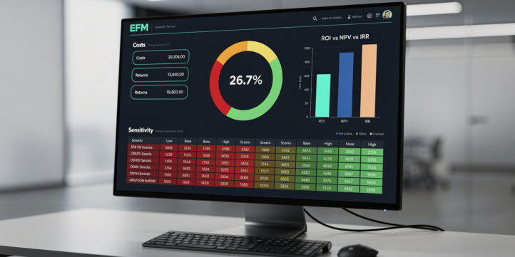 Financial dashboard showing ROI calculation with sensitivity analysis and metric comparison