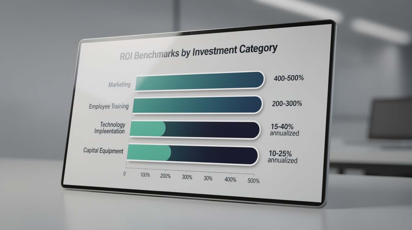 Bar chart showing ROI benchmarks across marketing training technology and capital equipment categories | eFinancialModels Bar chart showing ROI benchmarks across marketing, training, technology, and capital equipment categories