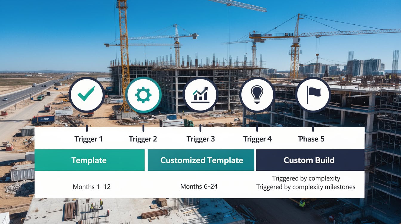 Timeline diagram showing the hybrid path from template to customized template to custom financial model build with trigger milestones | eFinancialModels Timeline diagram showing the hybrid path from template to customized template to custom financial model build with trigger milestones
