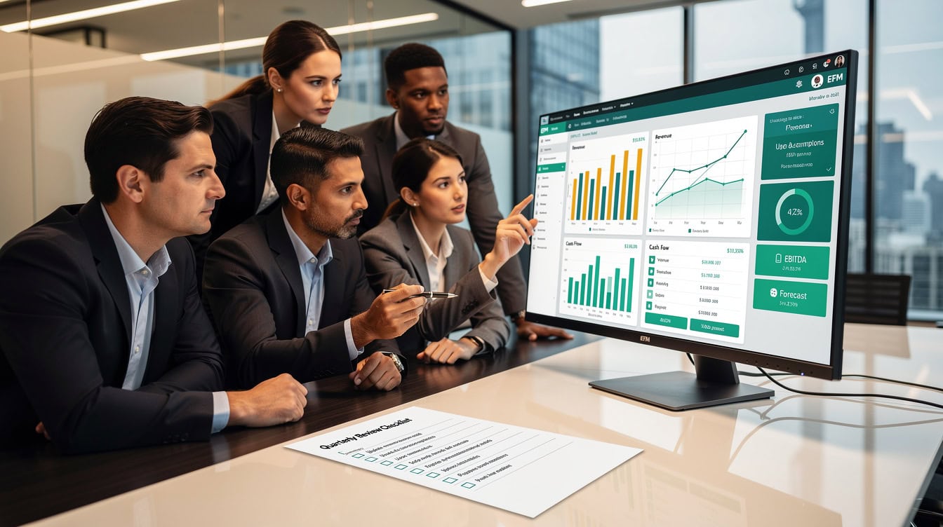 Finance team reviewing a financial model dashboard on a large monitor with a decision checklist on the table | eFinancialModels Finance team reviewing a financial model dashboard on a large monitor with a decision checklist on the table