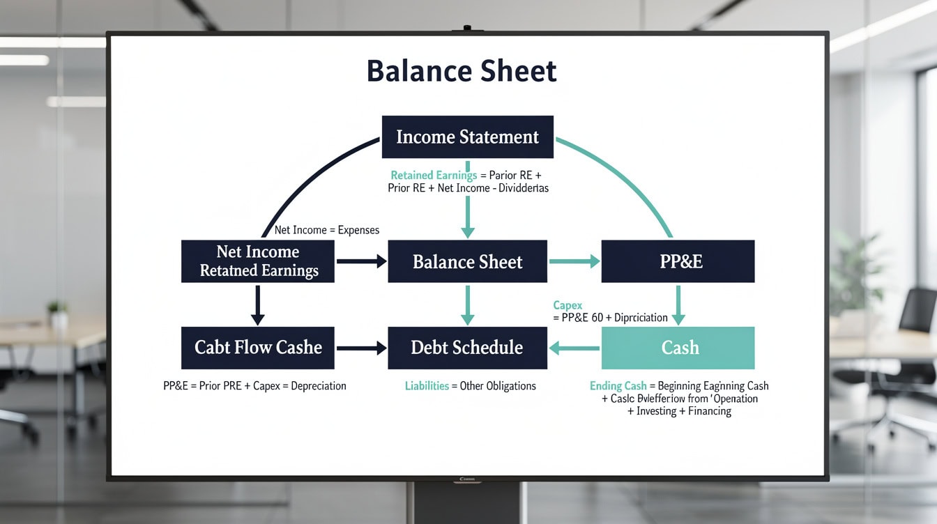 Balance sheet linkage diagram showing how income statement and cash flow statement connect to balance sheet line items | eFinancialModels Balance sheet linkage diagram showing how income statement and cash flow statement connect to balance sheet line items
