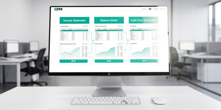 Three projected financial statements — income statement, balance sheet, and cash flow — shown as interconnected panels on a monitor