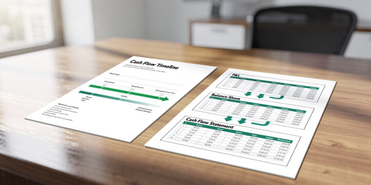 Side-by-side illustration comparing a cash flow projection and a 3-statement financial model with linking arrows