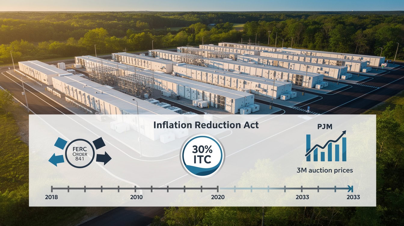 Infographic showing three US policy pillars for battery storage 30 ITC under IRA FERC Order 841 market access and capacity market participation | eFinancialModels Infographic showing three US policy pillars for battery storage: 30% ITC under IRA, FERC Order 841 market access, and capacity market participation