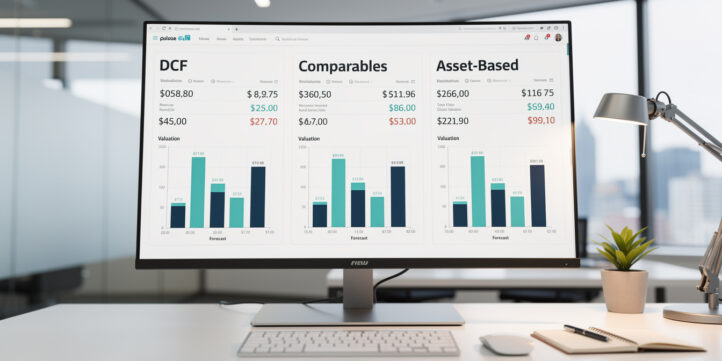 Business valuation calculator dashboard showing DCF, comparables, and asset-based valuation results side by side
