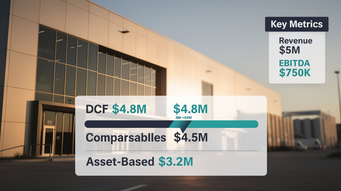 Manufacturing company valuation summary showing tight convergence between DCF comparables and asset-based methods | eFinancialModels Manufacturing company valuation summary showing tight convergence between DCF, comparables, and asset-based methods