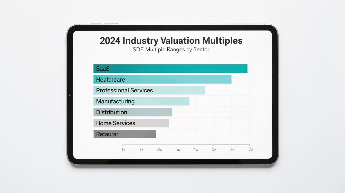 Horizontal bar chart showing 2024 SDE valuation multiples by industry sector from SaaS at 3x-6x down to retail at 15x-25x | eFinancialModels Horizontal bar chart showing 2024 SDE valuation multiples by industry sector from SaaS at 3x-6x down to retail at 1.5x-2.5x