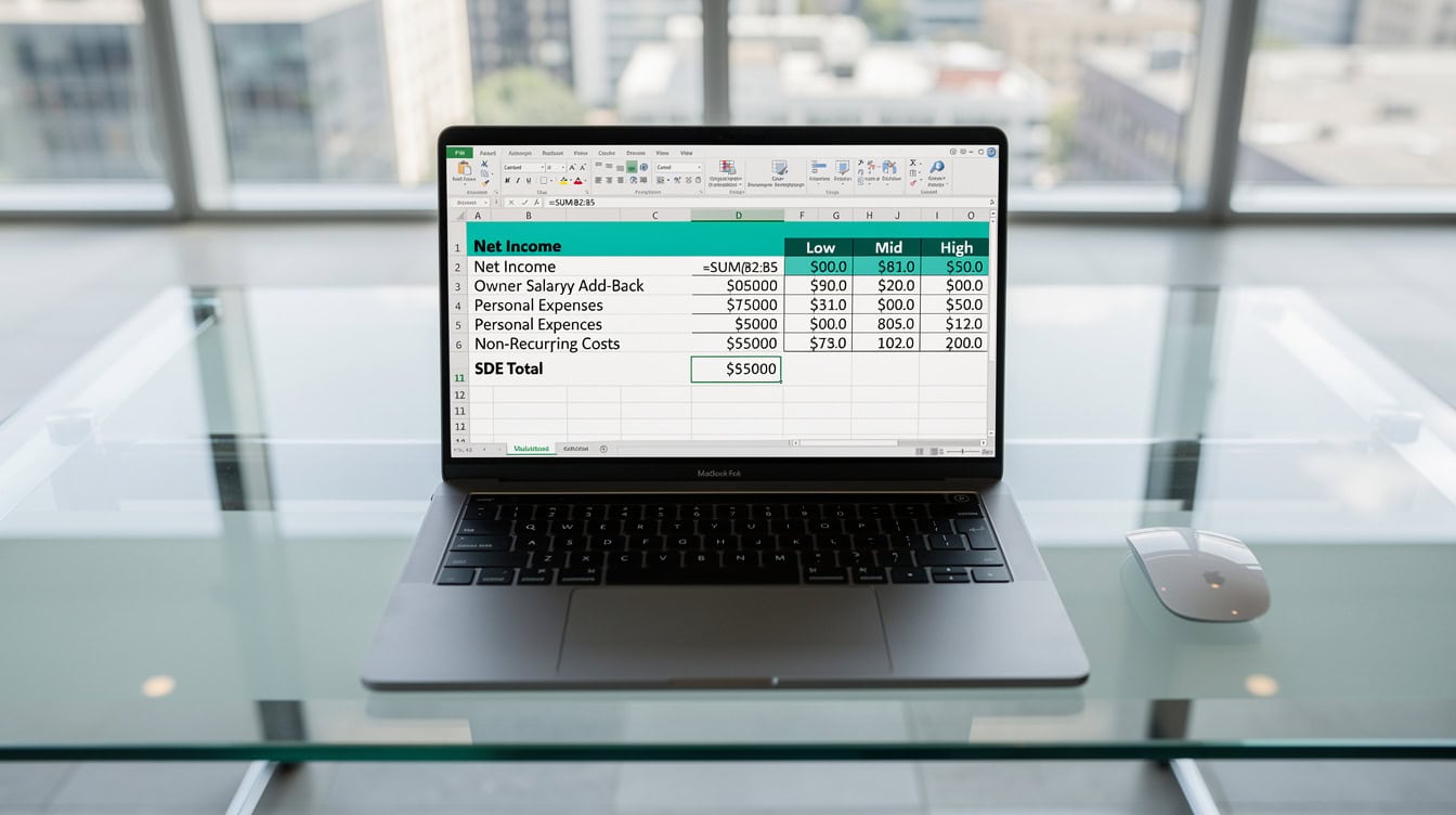 Excel spreadsheet template showing SDE calculator with add-back rows SUM formula and low-mid-high valuation output cells | eFinancialModels Excel spreadsheet template showing SDE calculator with add-back rows, SUM formula, and low-mid-high valuation output cells