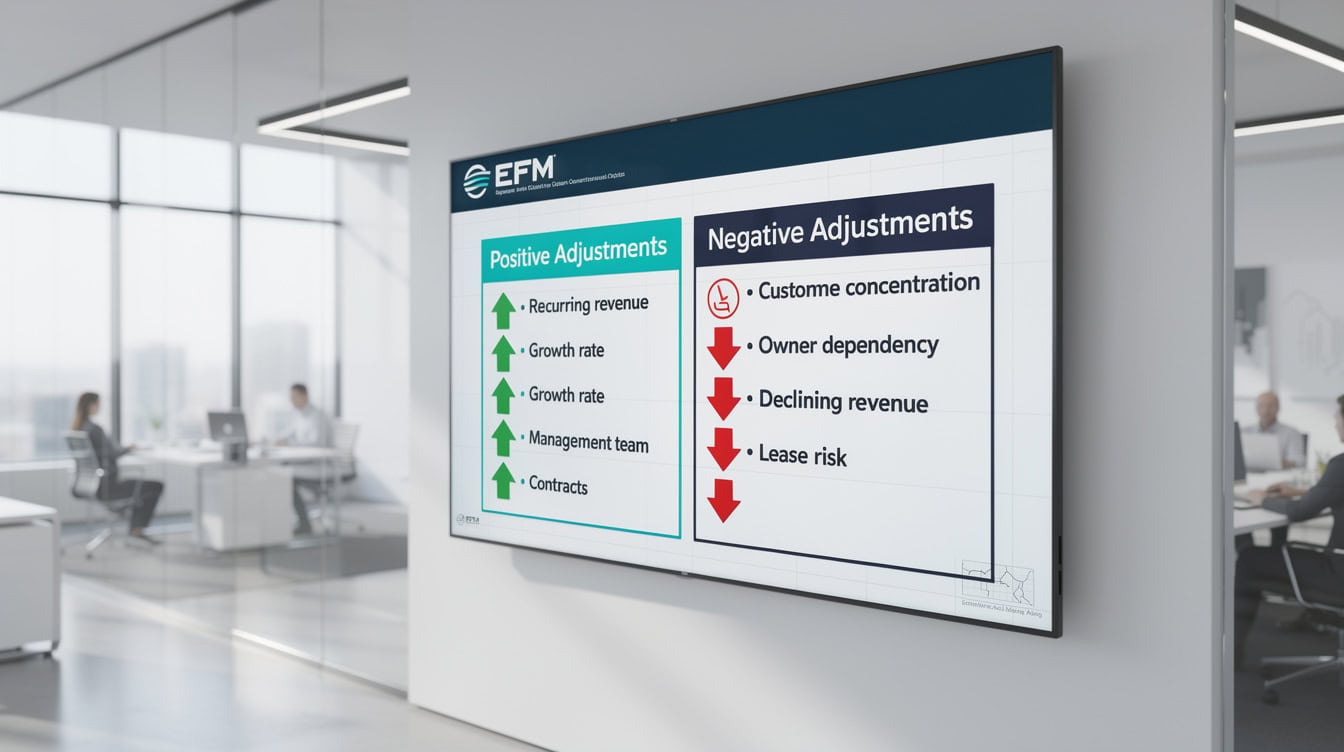 Two-column infographic showing positive and negative adjustments to valuation multiples with specific percentage ranges | eFinancialModels Two-column infographic showing positive and negative adjustments to valuation multiples with specific percentage ranges