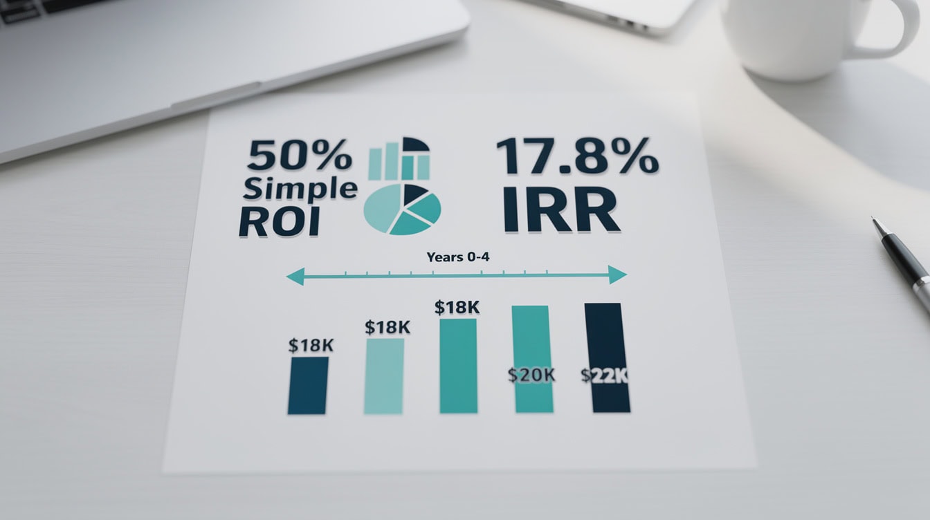 Comparison diagram showing 50 simple ROI versus 178 IRR for the same 4-year equipment investment | eFinancialModels Comparison diagram showing 50% simple ROI versus 17.8% IRR for the same 4-year equipment investment