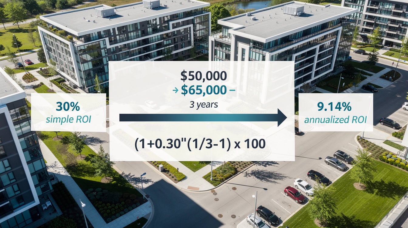Infographic showing conversion from 30 simple ROI to 914 annualized ROI for a 3-year 000 investment | eFinancialModels Infographic showing conversion from 30% simple ROI to 9.14% annualized ROI for a 3-year ,000 investment