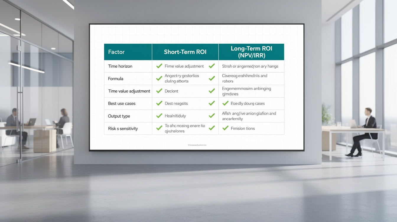 Comparison table showing short-term ROI versus long-term NPV and IRR methodologies across seven decision factors | eFinancialModels Comparison table showing short-term ROI versus long-term NPV and IRR methodologies across seven decision factors