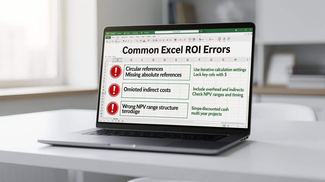 Diagram showing five common Excel ROI calculation errors with red warning icons and green fix descriptions | eFinancialModels Diagram showing five common Excel ROI calculation errors with red warning icons and green fix descriptions