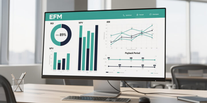 Financial dashboard comparing ROI, NPV, IRR, and Payback Period metrics side by side