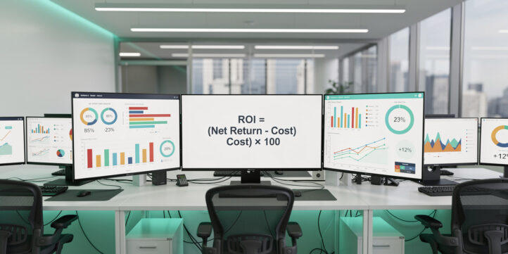 ROI formula displayed on a financial dashboard with teal accent colors and supporting charts